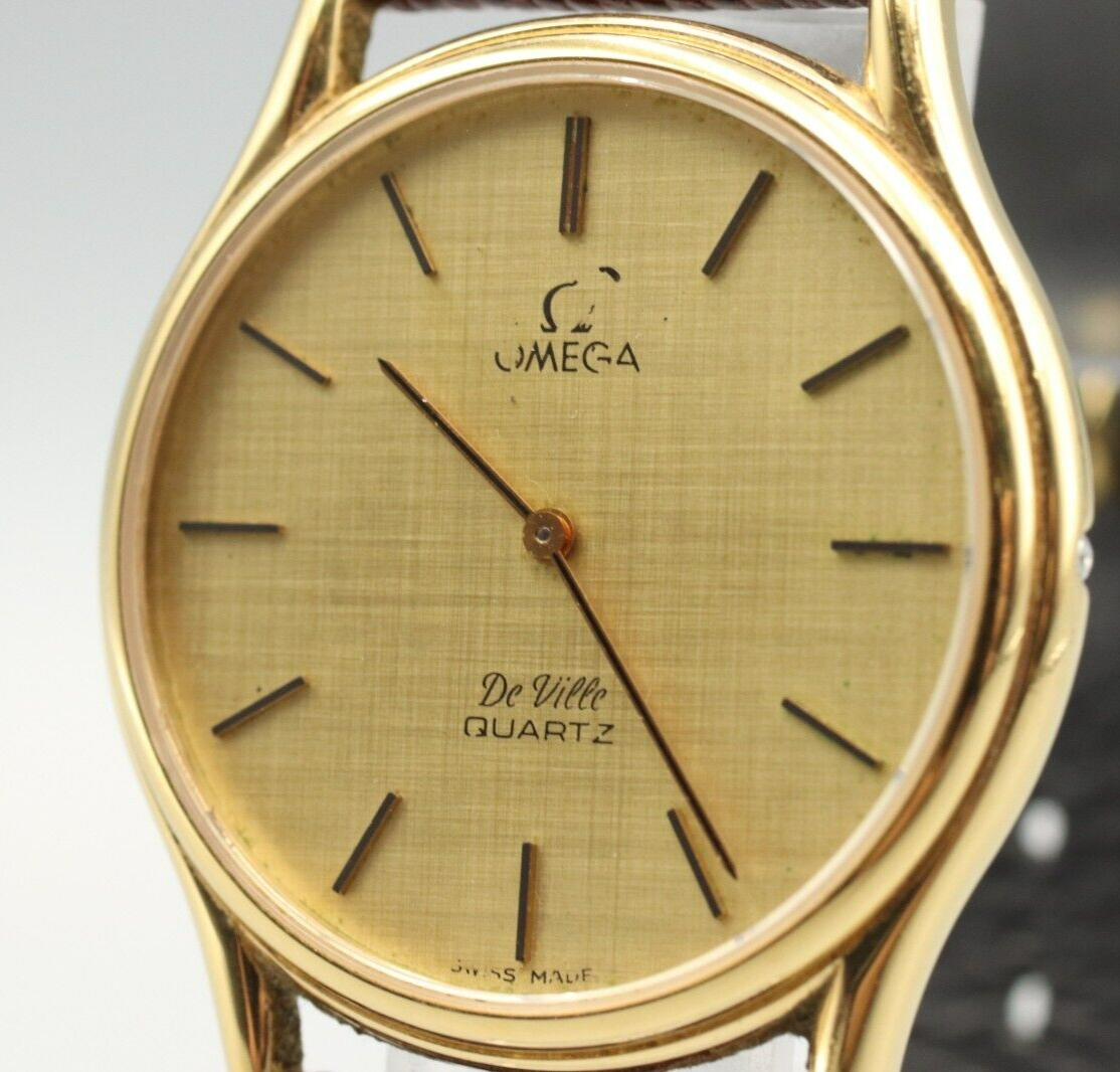 *Exc+4* Vintage OMEGA De Ville Cal.1365 Quartz Gold Dial Round Mens Watch
