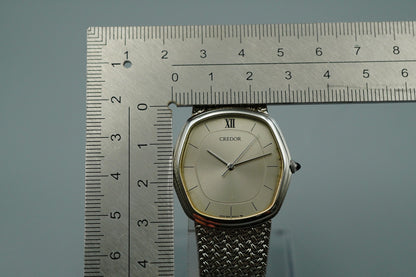 N MINT Vintage SEIKO CREDOR 5931-5230 Quartz Silver Dial Hexagon 30mm Mens Watch
