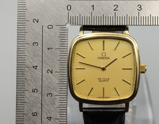 *NEAR MINT* Vintage OMEGA De Ville Cal.1330 Quartz Gold Dial Square Mens Watch