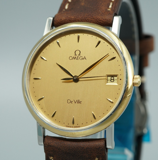 *N MINT* Vintage 1994 OMEGA De Ville Cal.1432 Qz Gold Dial Round 32mm Mens Watch