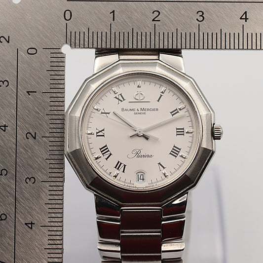 *N MINT* Vintage 1990s BAUME MERCIER Riviera 5131 Qz White 33mm Mens Watch