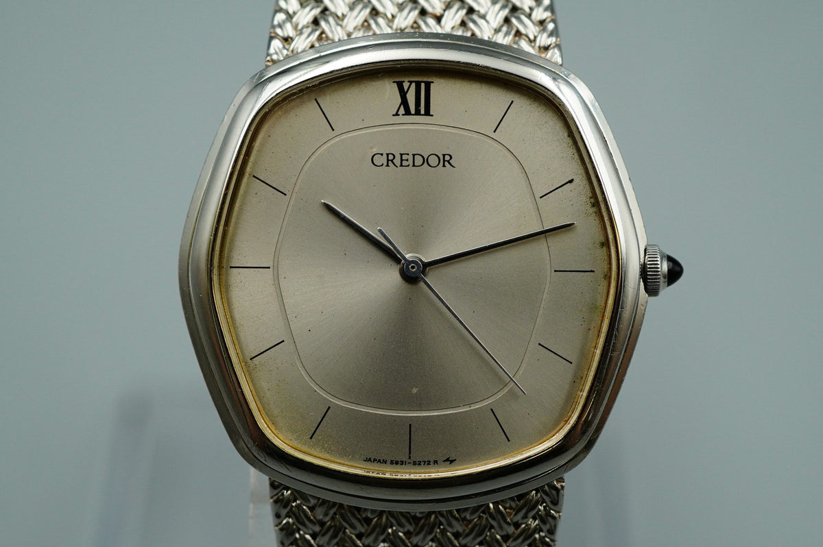 N MINT Vintage SEIKO CREDOR 5931-5230 Quartz Silver Dial Hexagon 30mm Mens Watch