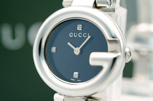*NEAR MINT* Gucci 3P Diamond 134.5 Quartz Black Round 27mm Women Watch