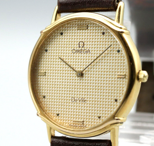 Rare *N MINT* Vintage OMEGA De Ville Cal.1455 Quartz Gold Dial Round Men Watch