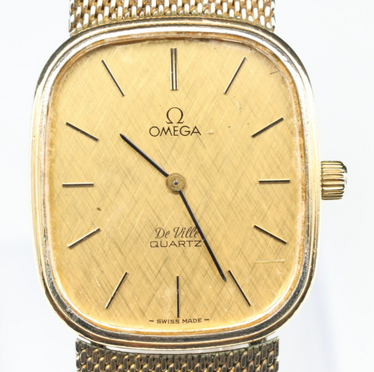 *Exc+4* Vintage OMEGA De Ville Cal.1330 Quartz Gold Dial Rectangle Women Watch