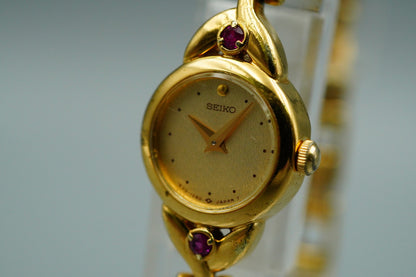 *NEAR MINT* Vintage SEIKO 1E20-0430 Quartz Gold Dial Round 15 mm Women Watch