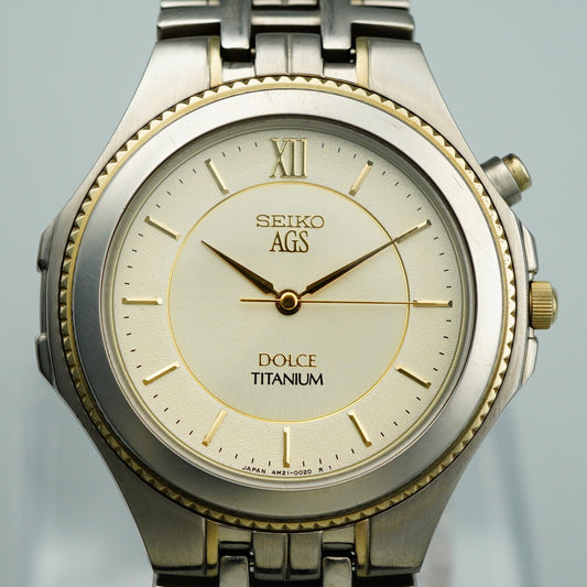 *N MINT* SEIKO DOLCE 4N21-0010 Titanium Quartz Gold Dial Round 35mm Mens Watch