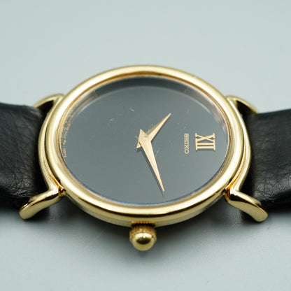 *Exc+5* Vintage SEIKO 2220-0530 Quartz Black Dial Round 31mm Mens Watch