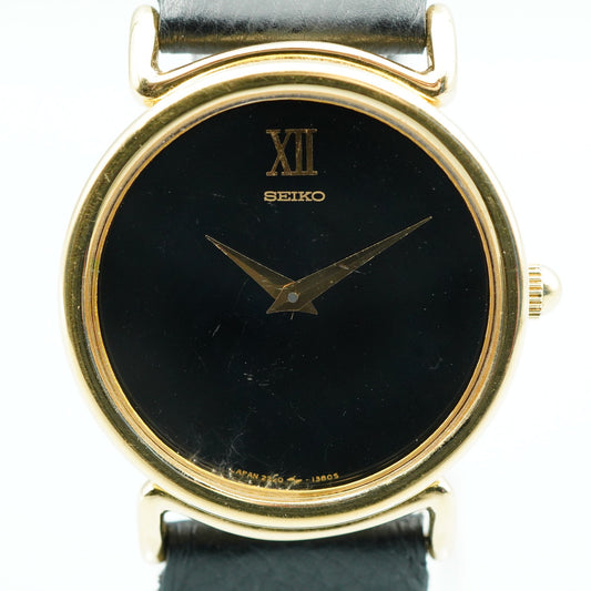 *Exc+5* Vintage SEIKO 2220-0530 Quartz Black Dial Round 31mm Mens Watch