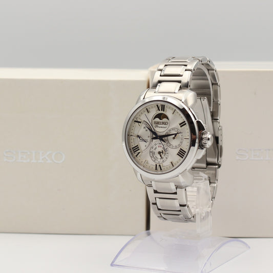 *MINT* SEIKO Premier Kinetic Moon Phase 5D88-0AH0 Quartz White 42mm Mens Watch