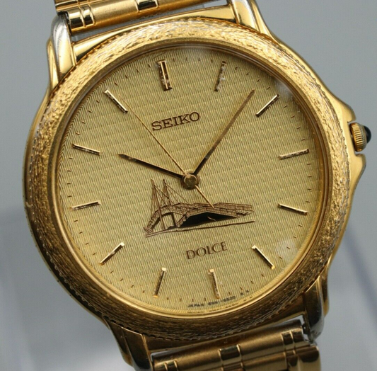 Rare *Exc+5* Vintage SEIKO DOLCE GOLDEN BRIDGE 8N41-6180 Quartz Gold Mens Watch
