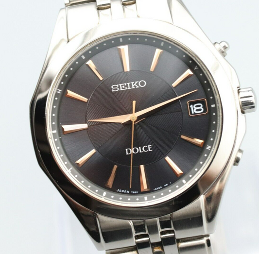 *NEAR MINT* Vintage SEIKO Dolce 7B52-0AC0 Solar Black Dial Round Mens Watch