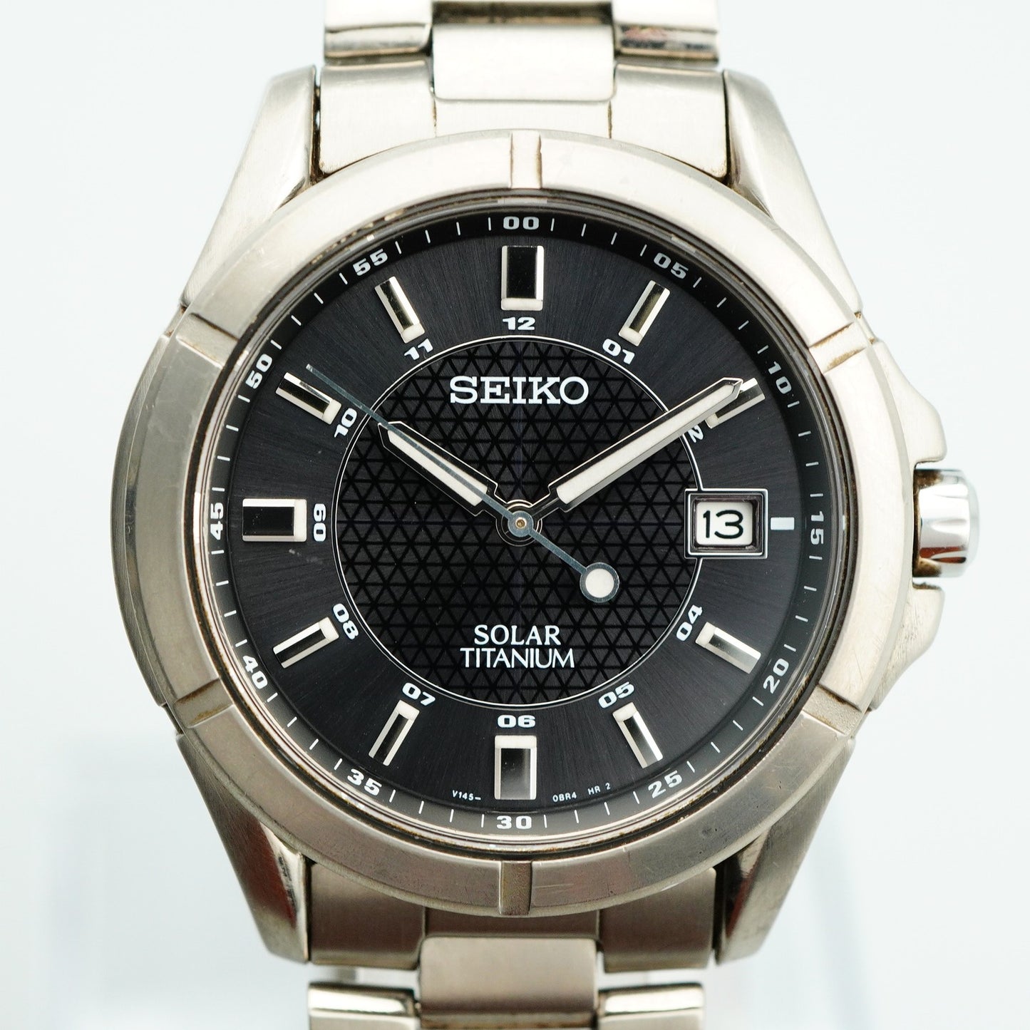 *N MINT* Vintage SEIKO Solar Titanium V145-0AX0 Qz Black Round 35mm Mens Watch