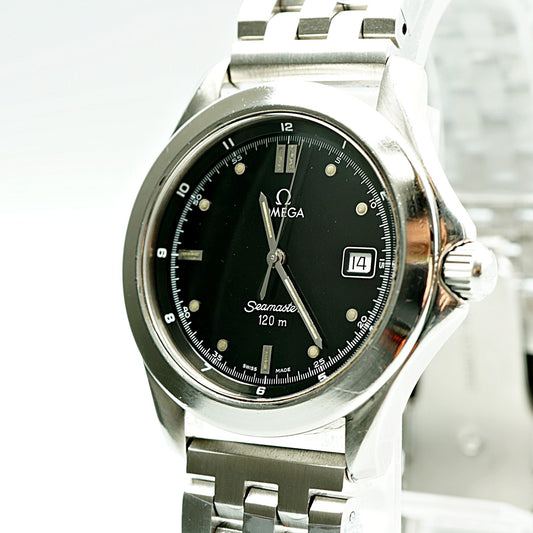 *NEAR MINT* Vintage 1995 OMEGA Seamaster Cal.1438 Qz Black Round 36mm Mens Watch