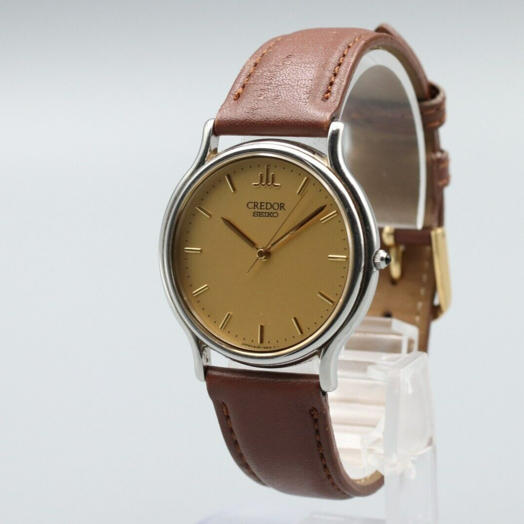 *NEAR MINT* Vintage SEIKO Credor 8J81-6A30 Quartz Gold Dial Round Mens Watch