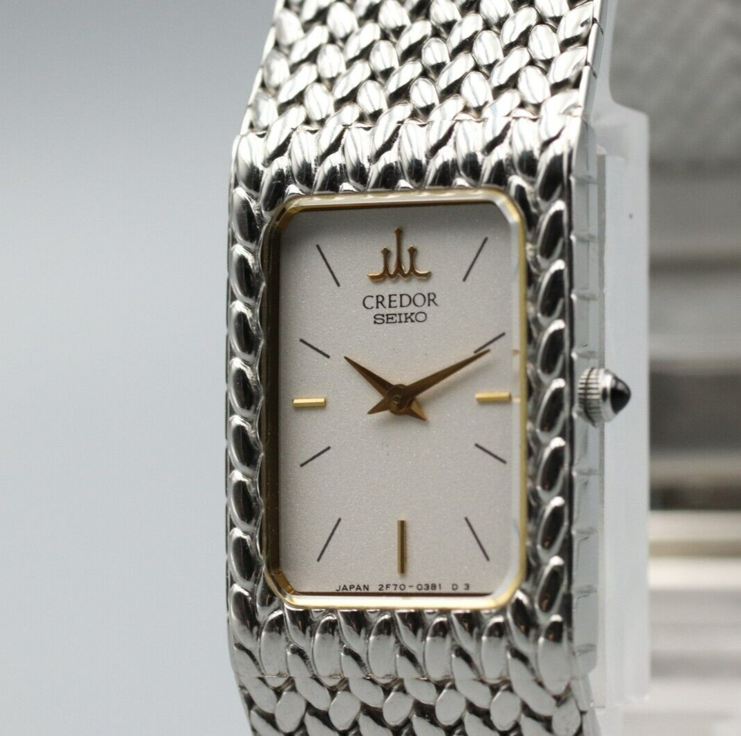 **N MINT* Vintage SEIKO Credor 2F70-5341 Quartz White Dial Rectangle Women Watch