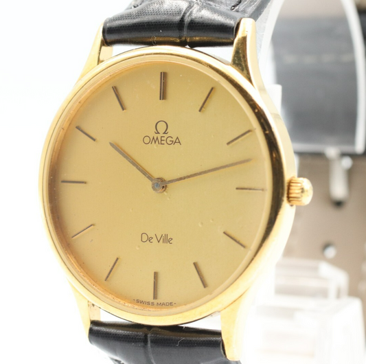 *Exc+5* Vintage OMEGA De Ville Cal.1434 Quartz Gold Dial Round 32mm Mens Watch