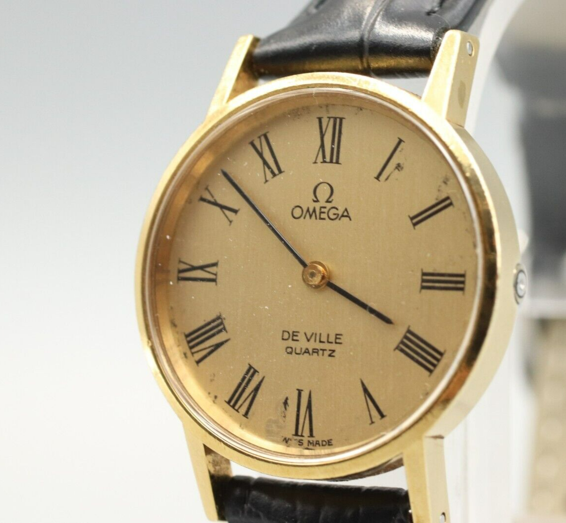 *Exc+5* Vintage OMEGA De Ville Cal.1351 Quartz Gold Roman Dial Round Women Watch