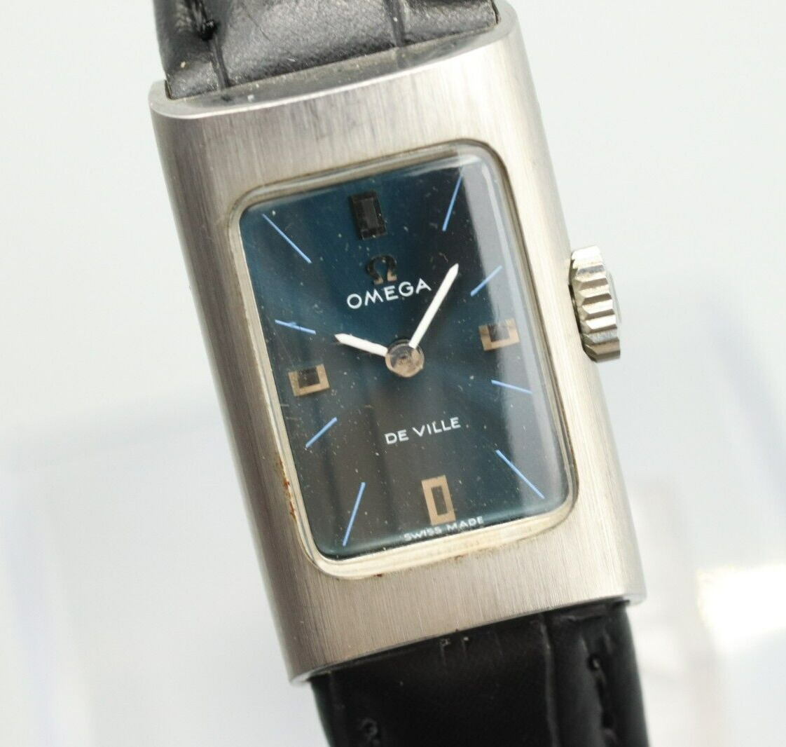 *N MINT* Vintage OMEGA De Ville Cal.485 Hand Winding Blue Dial Rectangle Watch