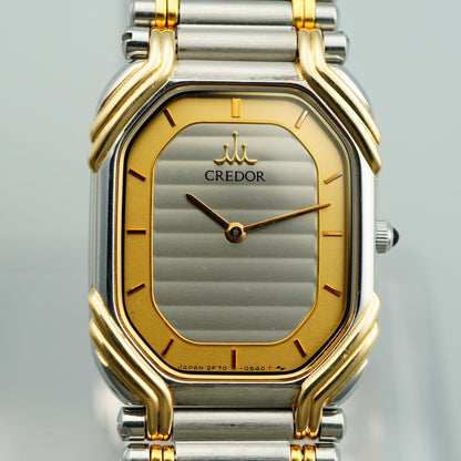 *MINT* Vintage 18KT SEIKO CREDOR 2F70-5490 Qz Silver Rectangle 19mm Women Watch