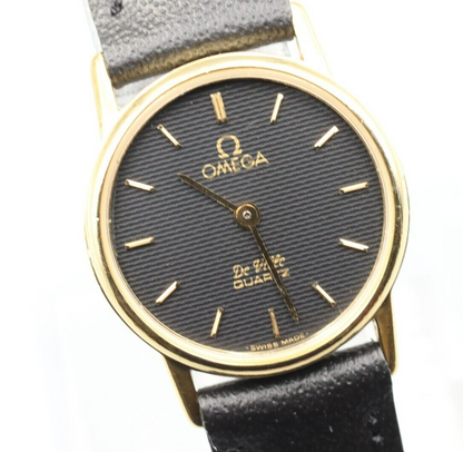 *NEAR MINT* Vintage OMEGA De Ville Cal.1387 Quartz Black Dial Round Women Watch