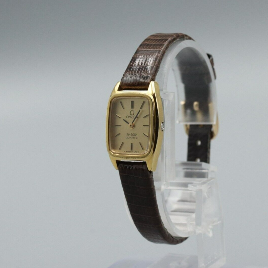 *N MINT* Vintage OMEGA De Ville Cal.1350 Quartz Gold Dial Rectangle Women Watch