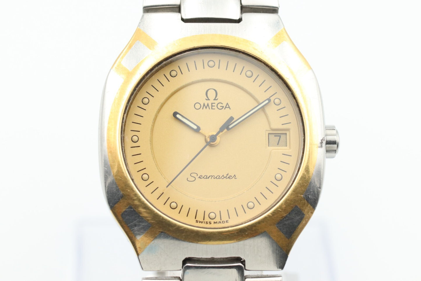 *NEAR MINT* Vintage OMEGA Seamaster Polaris Quartz Gold Dial Round Mens Watch