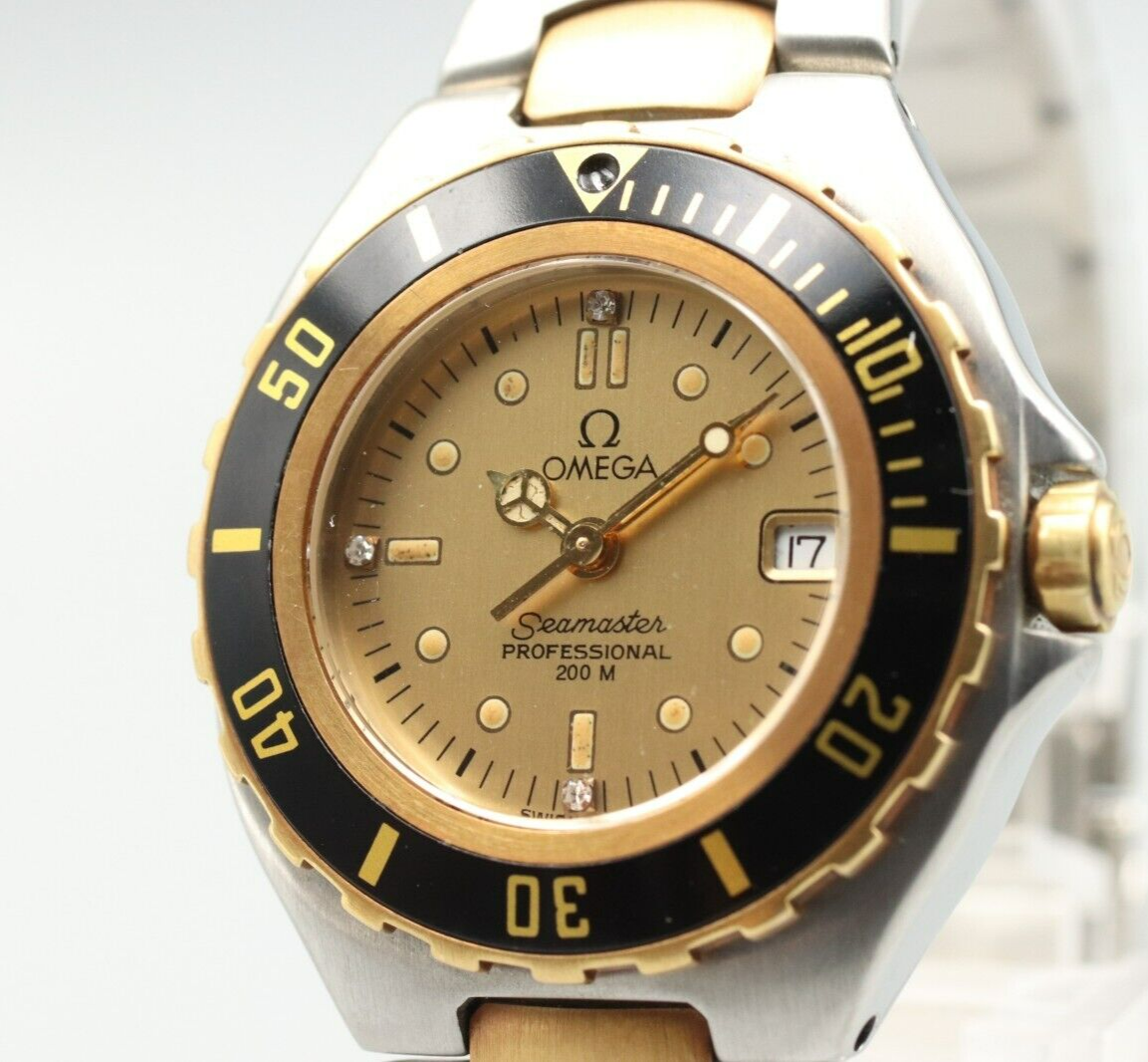 *N MINT* Vintage OMEGA Seamaster Professional 200M Quartz Gold Dial Women Watch