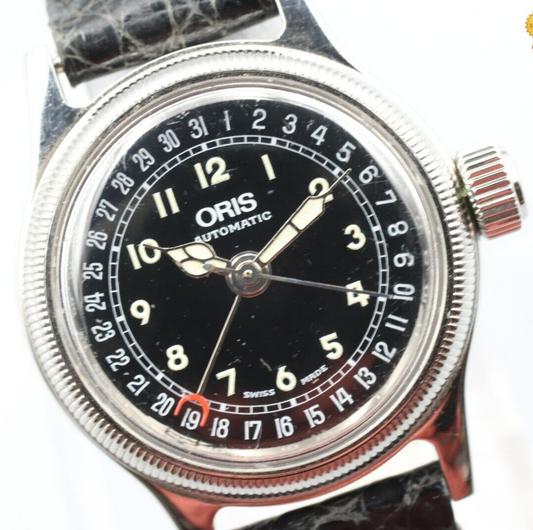 *NEAR MINT* Vintage ORIS Pointer Date Big Crown 7464 Automatic Black Women Watch