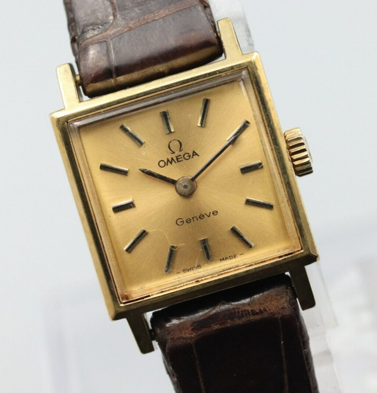 *Exc+5* Vintage OMEGA Geneve Cal.1070 Hand Winding Gold Dial Square Women Watch