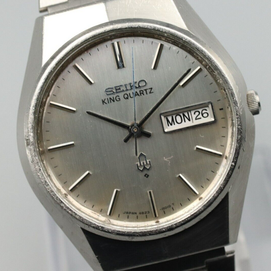 *Exc+4* Vintage SEIKO King 4823-8010 Quartz Silver Dial Day Date Mens Watch