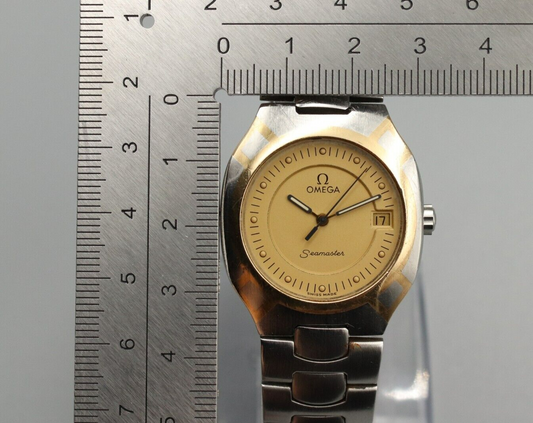*Exc+5* Vintage OMEGA Seamaster 200m Cal.1438 Quartz Gold Dial Round Mens Watch