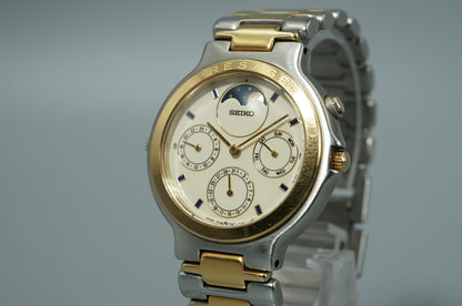 Vintage 1988 SEIKO Presage Moonphase 7F38-6040 Quartz White 35mm Mens Watch