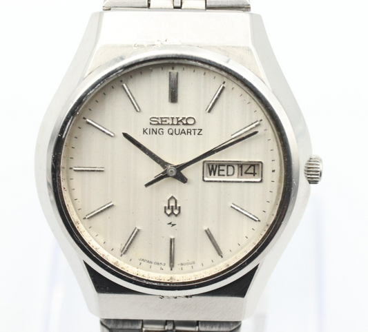 *Exc+5* Vintage SEIKO King Quartz 0853-8001 White Dial Day Date Round Mens Watch