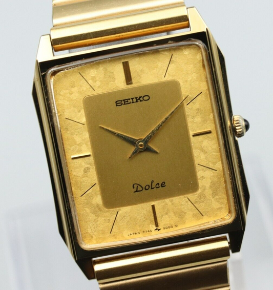 *MINT* Vintage SEIKO Dolce 7740-5000 Quartz Gold Dial Rectangle Mens Watch