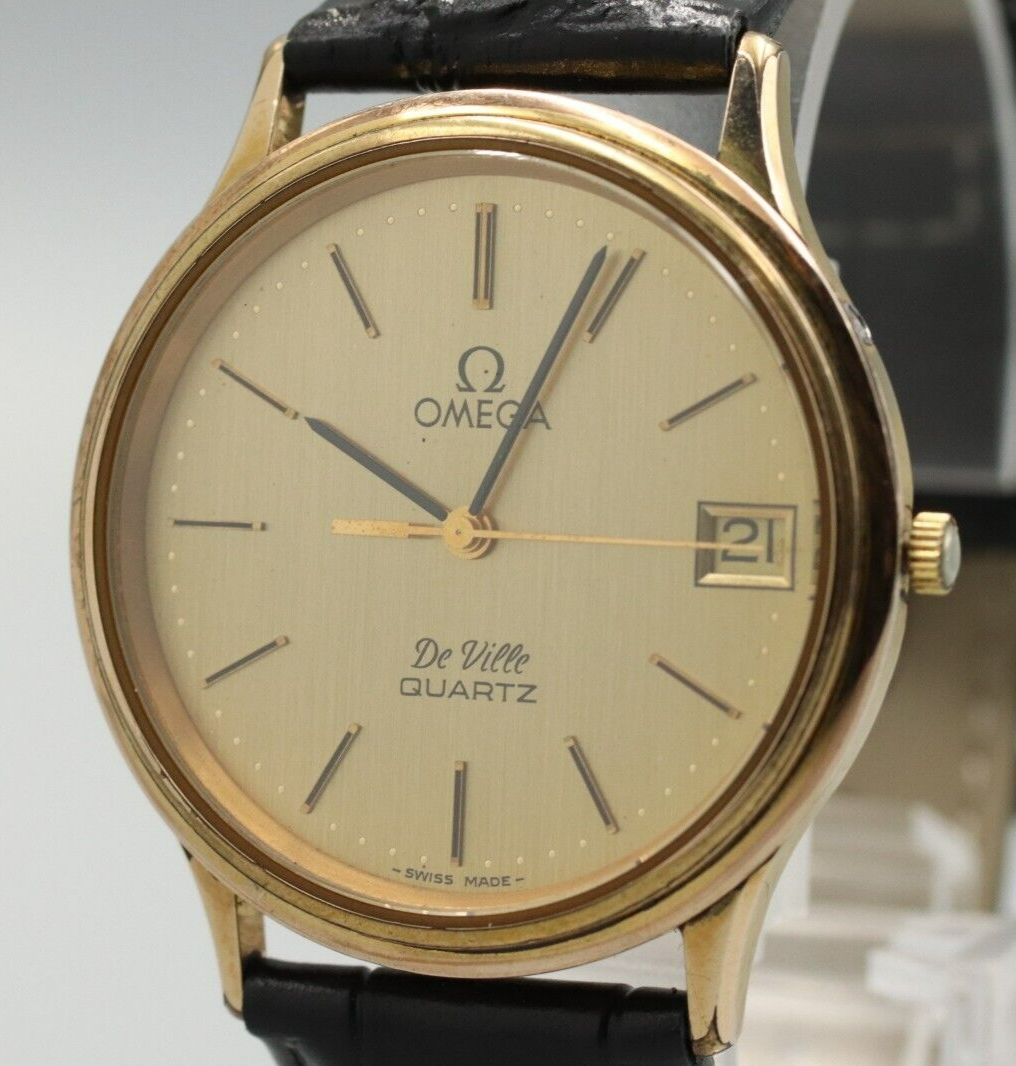 *Exc+5* Vintage OMEGA De Ville Cal.1332 Quartz Gold Dial Date Round Mens Watch