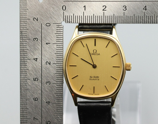 N MINT Vintage OMEGA De Ville Cal.1330 Quartz Gold Dial Hexagon 31mm Mens Watch