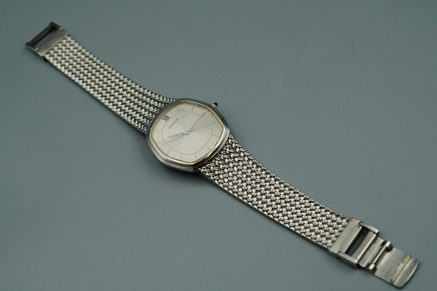 N MINT Vintage SEIKO CREDOR 5931-5230 Quartz Silver Dial Hexagon 30mm Mens Watch