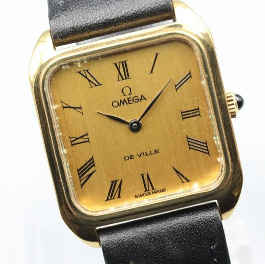*Exc+5* Vintage OMEGA De Ville Hand Winding Gold Roman Dial Square Women Watch