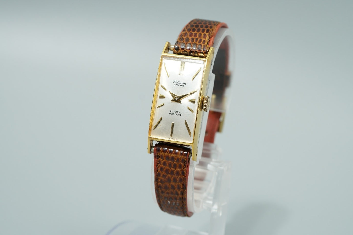 Exc+5 Vintage 1976 CITIZEN PARASHOCK 51506 Qz Silver Rectangle 15mm Women Watch
