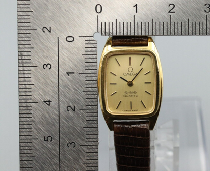 *N MINT* Vintage OMEGA De Ville Cal.1350 Quartz Gold Dial Rectangle Women Watch