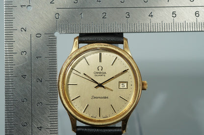 *Exc+5* Vintage 1977 OMEGA Seamaster Cal.1342 Qz Gold Dial Round 35mm Mens Watch