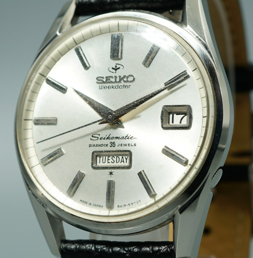 *N MINT* Vintage 1964 SEIKO WEEKDATER 6218-8970 AT Silver Round 37mm Mens Watch
