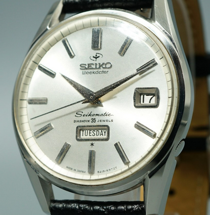 *N MINT* Vintage 1964 SEIKO WEEKDATER 6218-8970 AT Silver Round 37mm Mens Watch