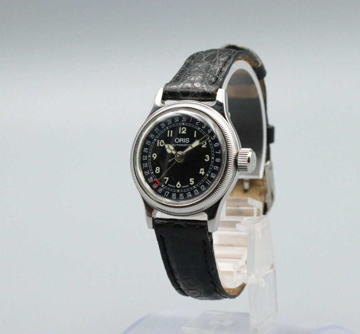 *NEAR MINT* Vintage ORIS Pointer Date Big Crown 7464 Automatic Black Women Watch