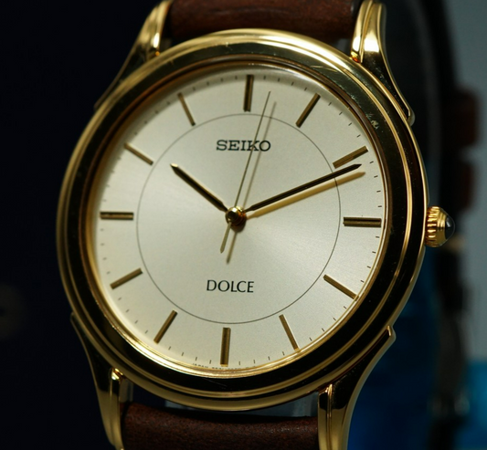 *MINT* Vintage 1998 SEIKO Dolce 5E31-7A40 Quartz Gold Dial Round 34mm Mens Watch