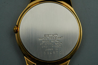 *MINT* Vintage SEIKO V701-1P70 Quartz Gold Dial Round 32mm Mens Watch