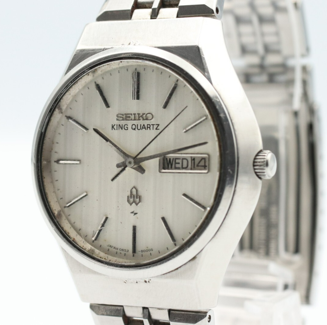 *Exc+5* Vintage SEIKO King Quartz 0853-8001 White Dial Day Date Round Mens Watch