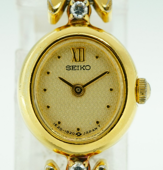 *N MINT* Vintage 1980s SEIKO 8P Diamond 1E20-6050 Qz Gold Round 13mm Women Watch