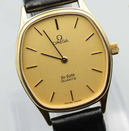 N MINT Vintage OMEGA De Ville Cal.1330 Quartz Gold Dial Hexagon 31mm Mens Watch